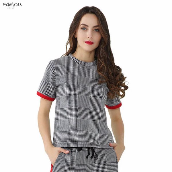 Women Elegant Plaid Shirt Houndstooth Short Sleeve O Neck Short Sleeve Blouse Vintage Basic Fashion Dt1312 Chic Tops Blusas Casual